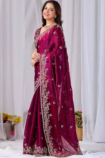 Maroon floral embroidered designer saree