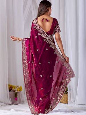 Maroon floral embroidered designer saree 5