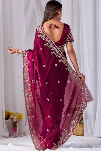 Maroon floral embroidered designer saree