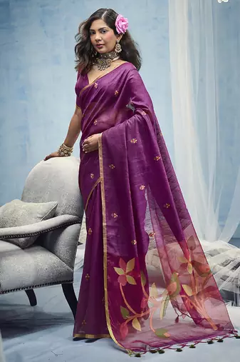 magenta munga cotton blend handloom weaving festive wear saree
