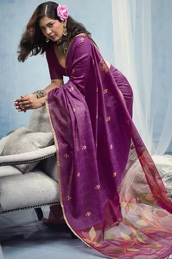 magenta munga cotton blend handloom weaving festive wear saree
