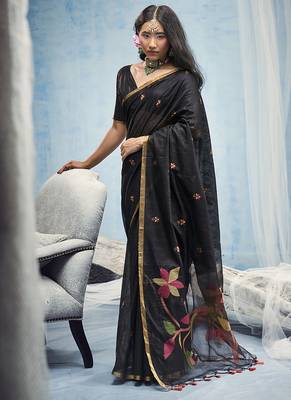 black munga cotton blend handloom weaving festive wear saree 1
