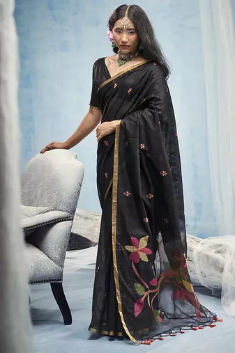 black munga cotton blend handloom weaving festive wear saree