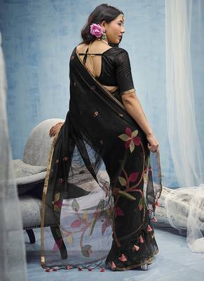 black munga cotton blend handloom weaving festive wear saree 2