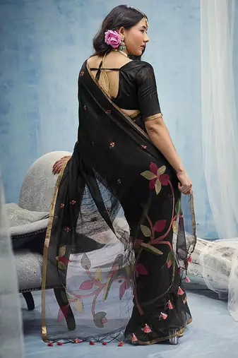 black munga cotton blend handloom weaving festive wear saree