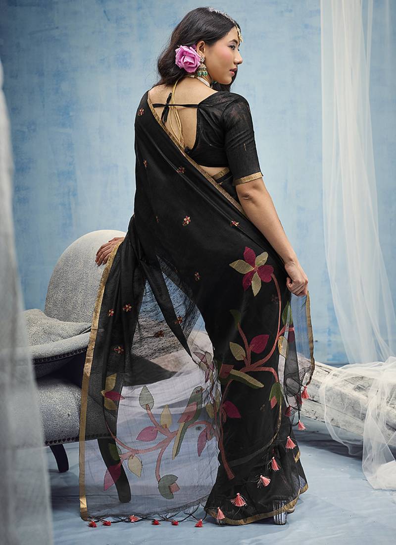 black munga cotton blend handloom weaving festive wear saree