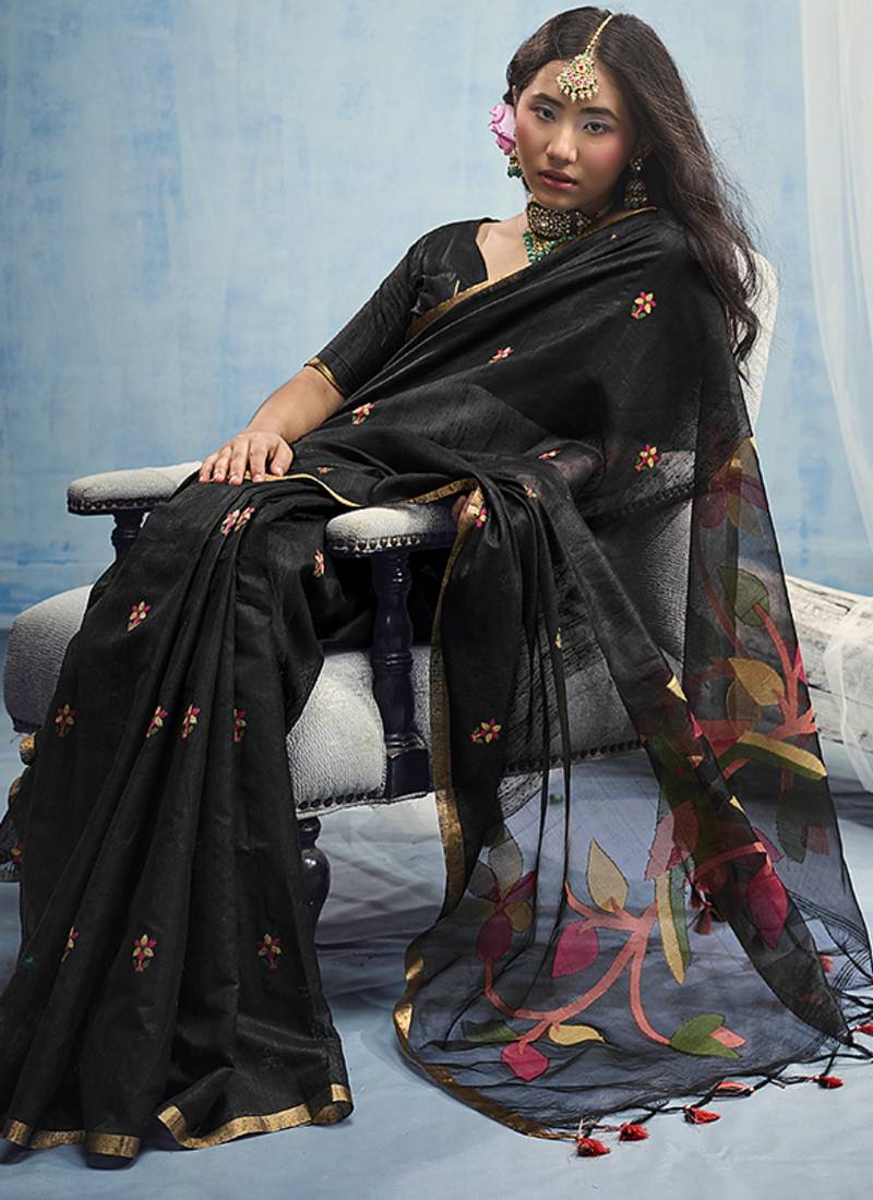 black munga cotton blend handloom weaving festive wear saree