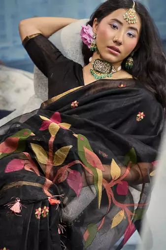 black munga cotton blend handloom weaving festive wear saree