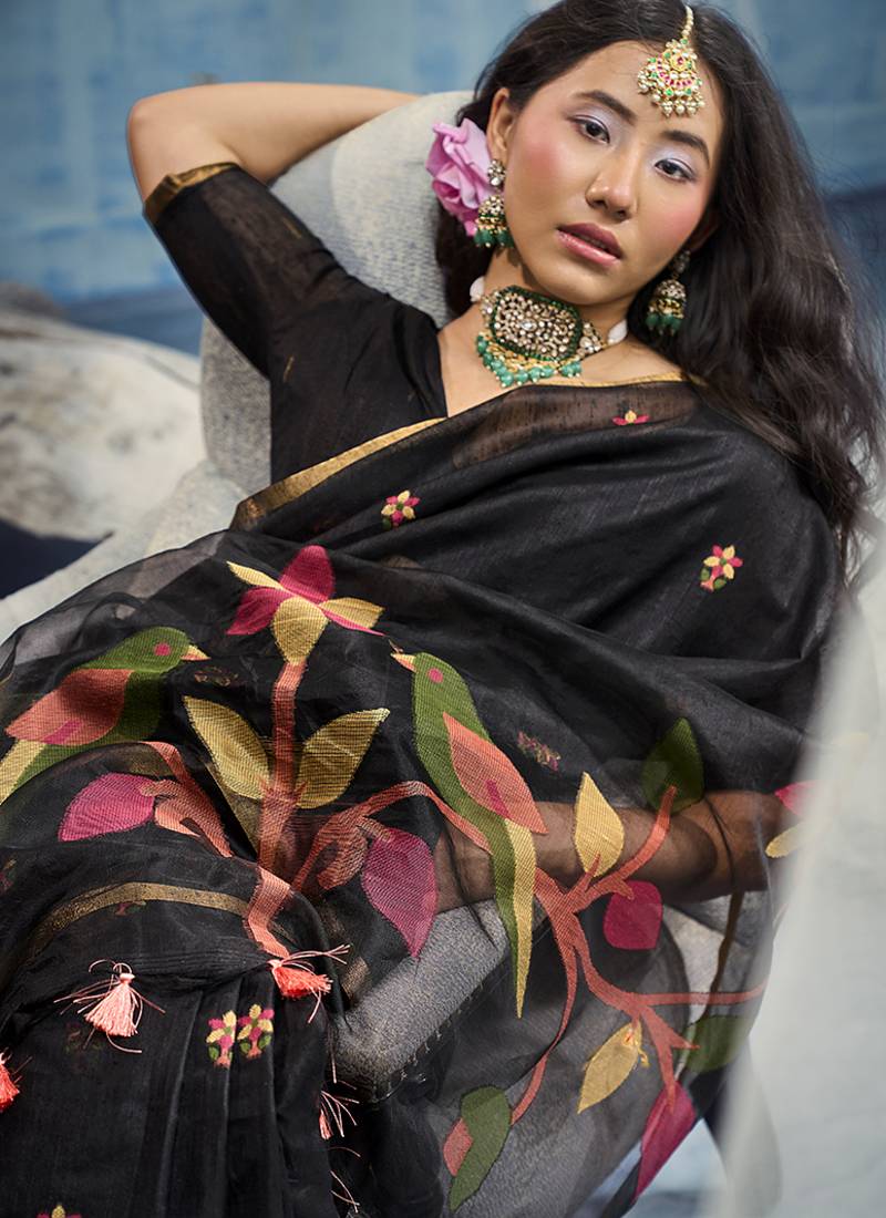 black munga cotton blend handloom weaving festive wear saree