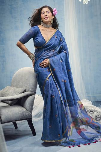 blue munga cotton blend handloom weaving festive wear saree