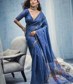 blue munga cotton blend handloom weaving festive wear saree