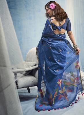 blue munga cotton blend handloom weaving festive wear saree 2