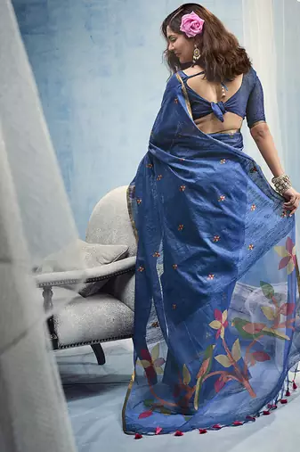 blue munga cotton blend handloom weaving festive wear saree