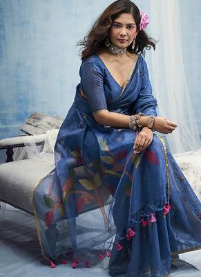 blue munga cotton blend handloom weaving festive wear saree 3