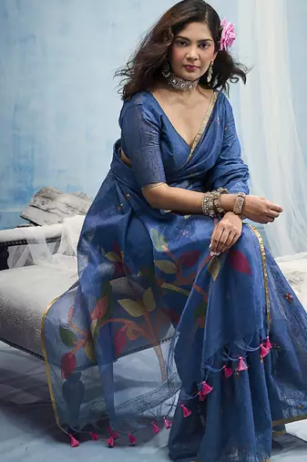 blue munga cotton blend handloom weaving festive wear saree