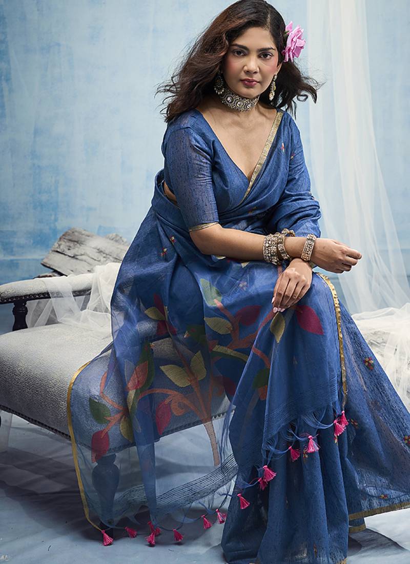 blue munga cotton blend handloom weaving festive wear saree