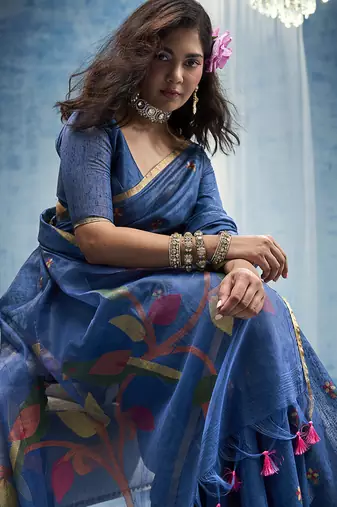 blue munga cotton blend handloom weaving festive wear saree