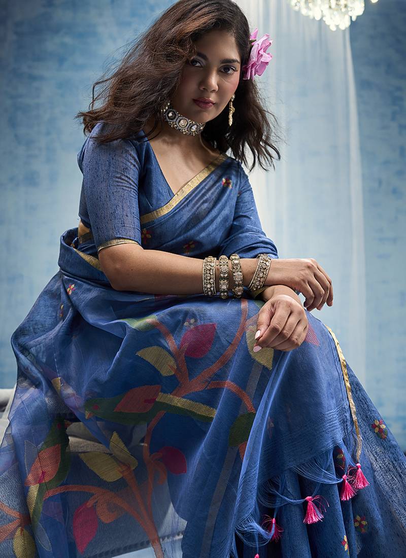 blue munga cotton blend handloom weaving festive wear saree