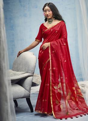 red munga cotton blend handloom weaving festive wear saree 1