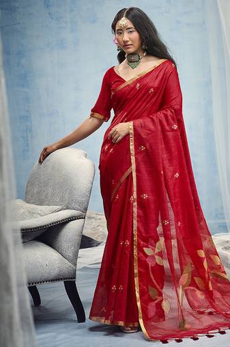 red munga cotton blend handloom weaving festive wear saree