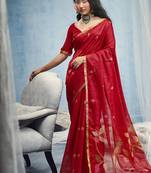 red munga cotton blend handloom weaving festive wear saree