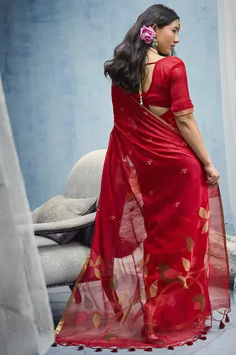red munga cotton blend handloom weaving festive wear saree