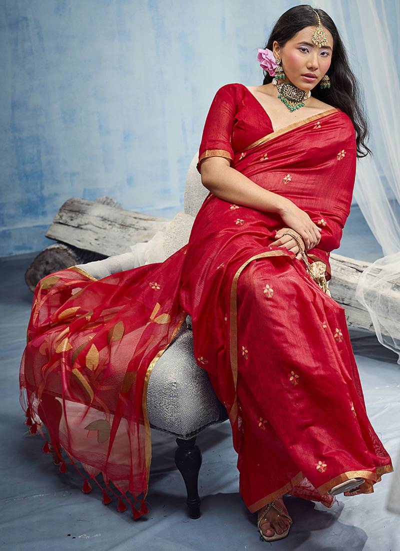 red munga cotton blend handloom weaving festive wear saree