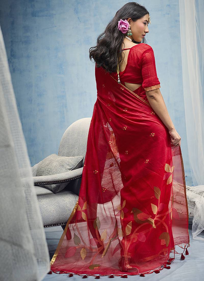 red munga cotton blend handloom weaving festive wear saree