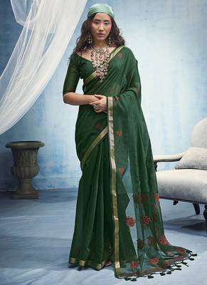 green munga cotton blend handloom weaving festive wear saree 1