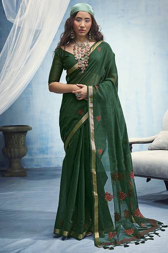 green munga cotton blend handloom weaving festive wear saree