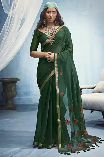 green munga cotton blend handloom weaving festive wear saree