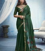 green munga cotton blend handloom weaving festive wear saree