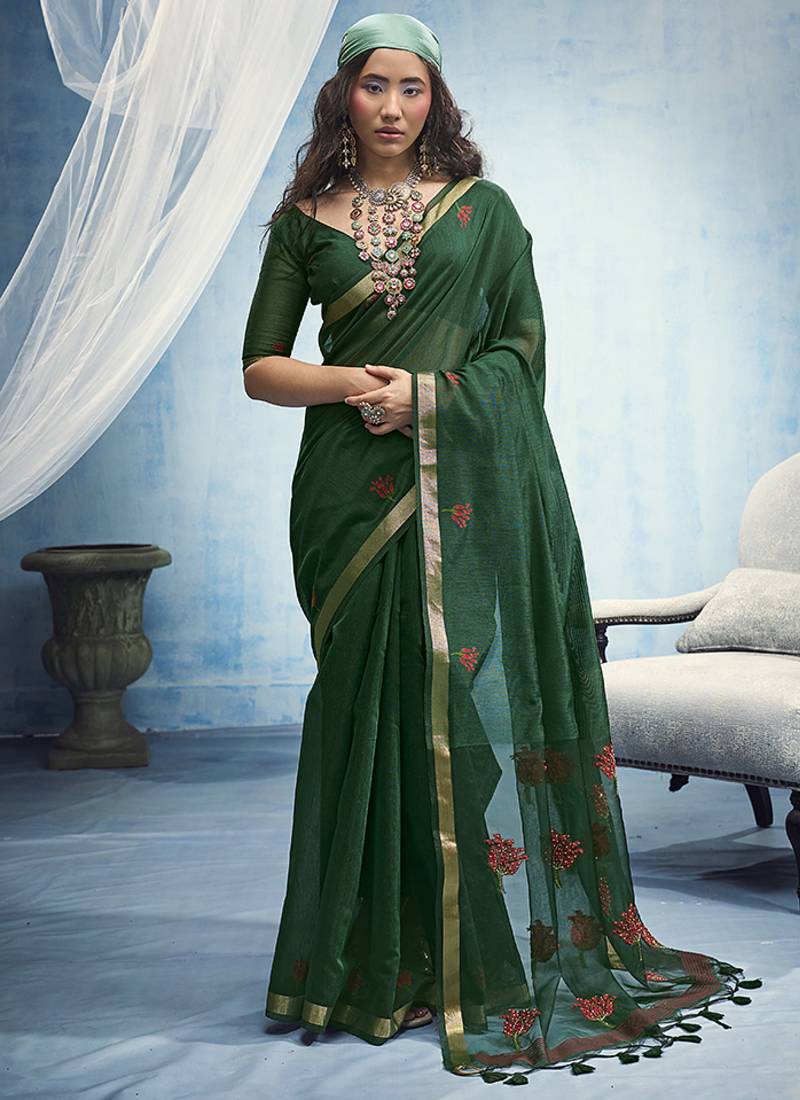 green munga cotton blend handloom weaving festive wear saree
