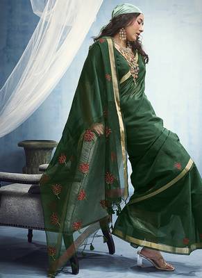 green munga cotton blend handloom weaving festive wear saree 2