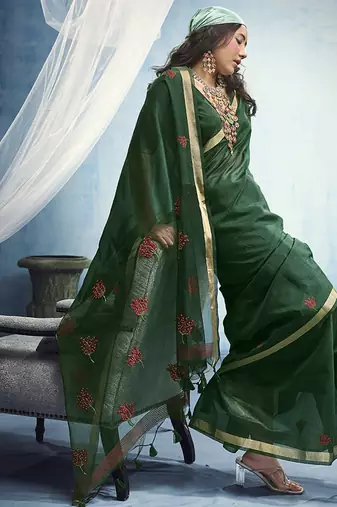 green munga cotton blend handloom weaving festive wear saree