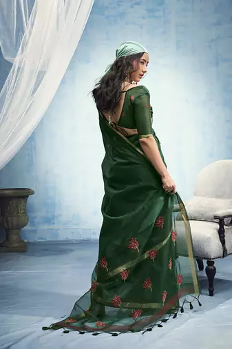 green munga cotton blend handloom weaving festive wear saree