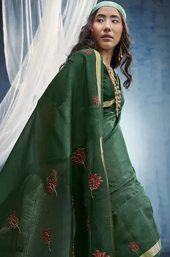green munga cotton blend handloom weaving festive wear saree