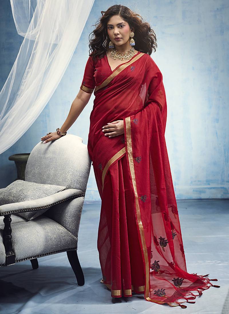 red munga cotton blend handloom weaving festive wear saree