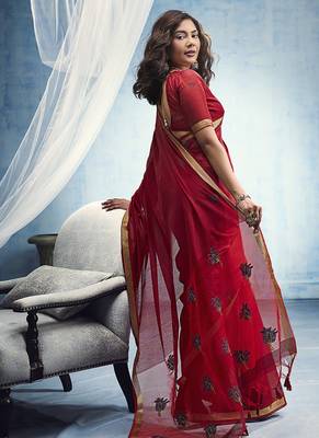 red munga cotton blend handloom weaving festive wear saree 2