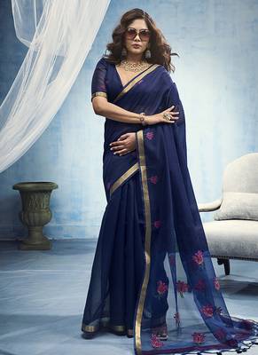 navy bule munga cotton blend handloom weaving festive wear saree 1