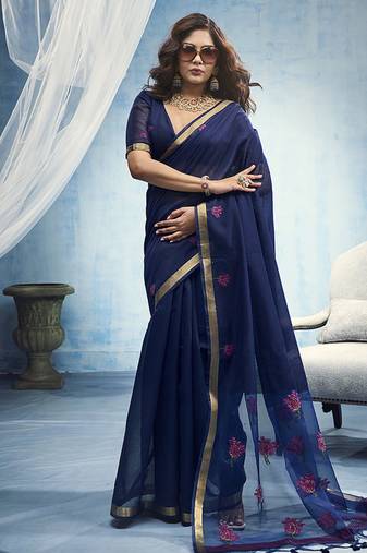 navy bule munga cotton blend handloom weaving festive wear saree