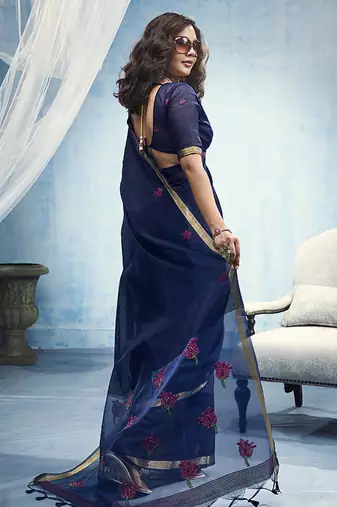 navy bule munga cotton blend handloom weaving festive wear saree