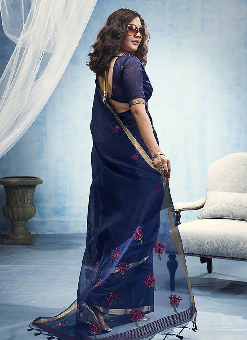 navy bule munga cotton blend handloom weaving festive wear saree