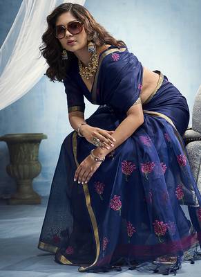 navy bule munga cotton blend handloom weaving festive wear saree 3