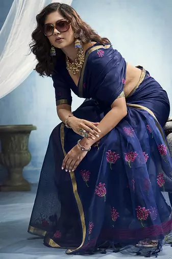 navy bule munga cotton blend handloom weaving festive wear saree