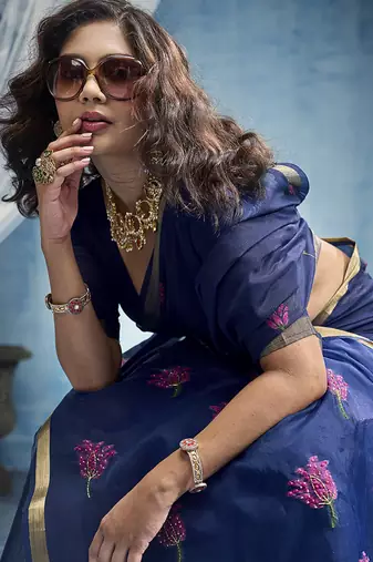 navy bule munga cotton blend handloom weaving festive wear saree