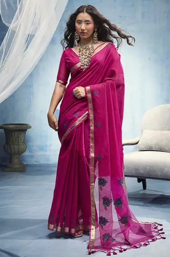 rani pink munga cotton blend handloom weaving festive wear saree