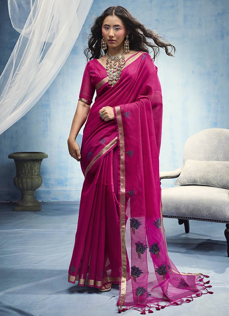 rani pink munga cotton blend handloom weaving festive wear saree