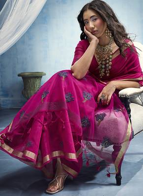 rani pink munga cotton blend handloom weaving festive wear saree 2
