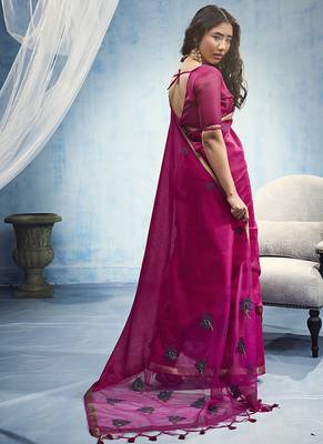 rani pink munga cotton blend handloom weaving festive wear saree 3
